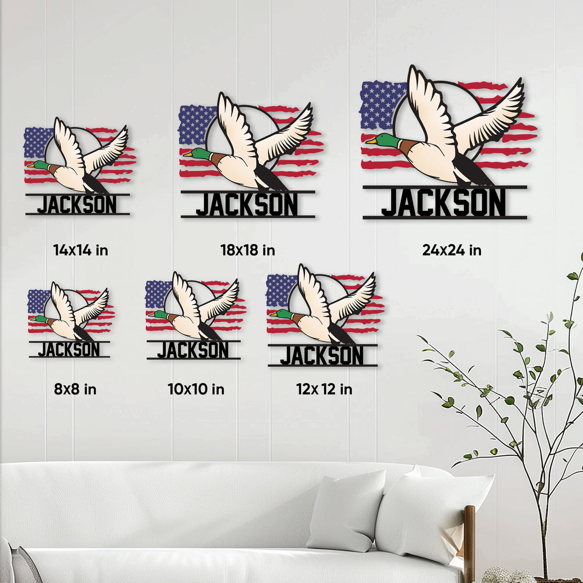 Duck hunting metal sign size guide showing multiple square size options in a home decor setting
