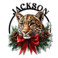 Custom leopard metal sign featuring a realistic big cat framed by pine branches, pinecones, berries, and a red bow
