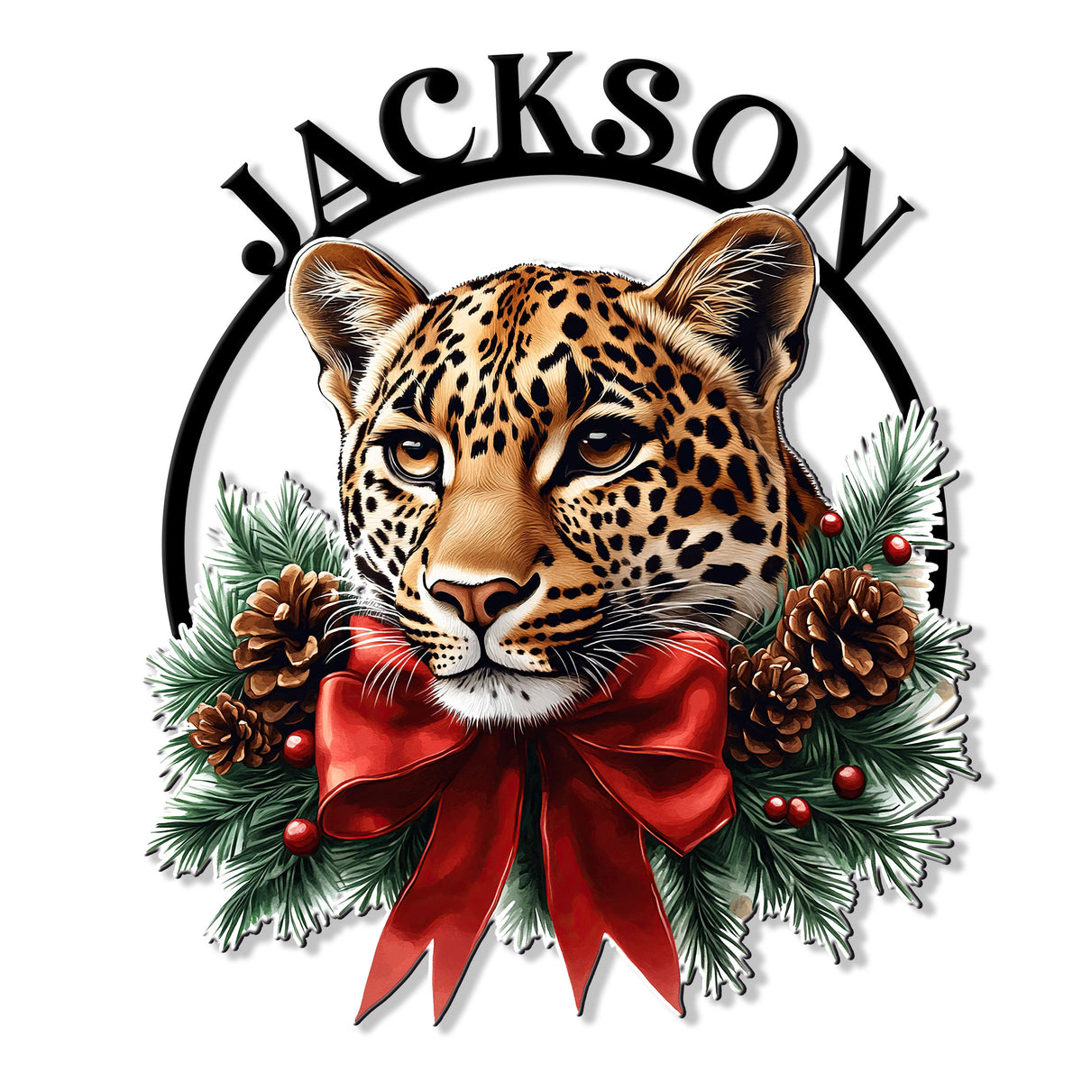 Custom leopard metal sign featuring a realistic big cat framed by pine branches, pinecones, berries, and a red bow