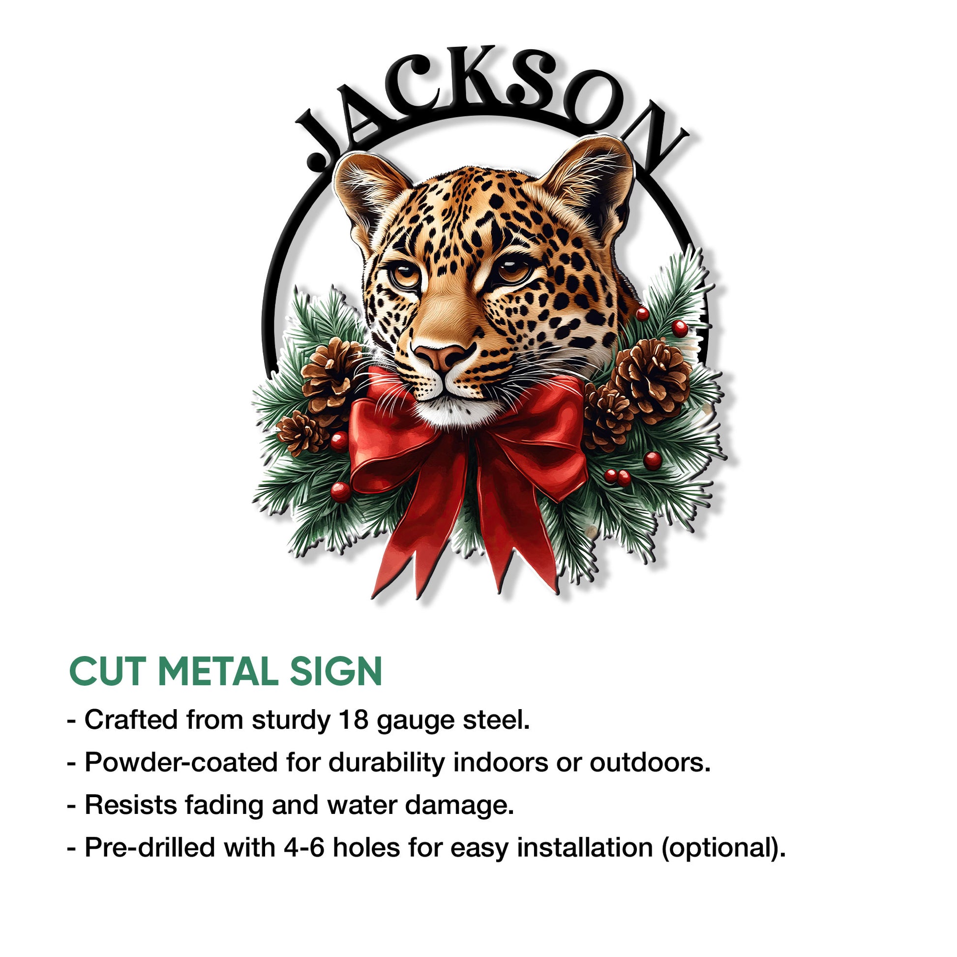 Leopard Christmas metal sign with a bold big cat portrait, evergreen wreath accents, pinecones, and a festive red bow
