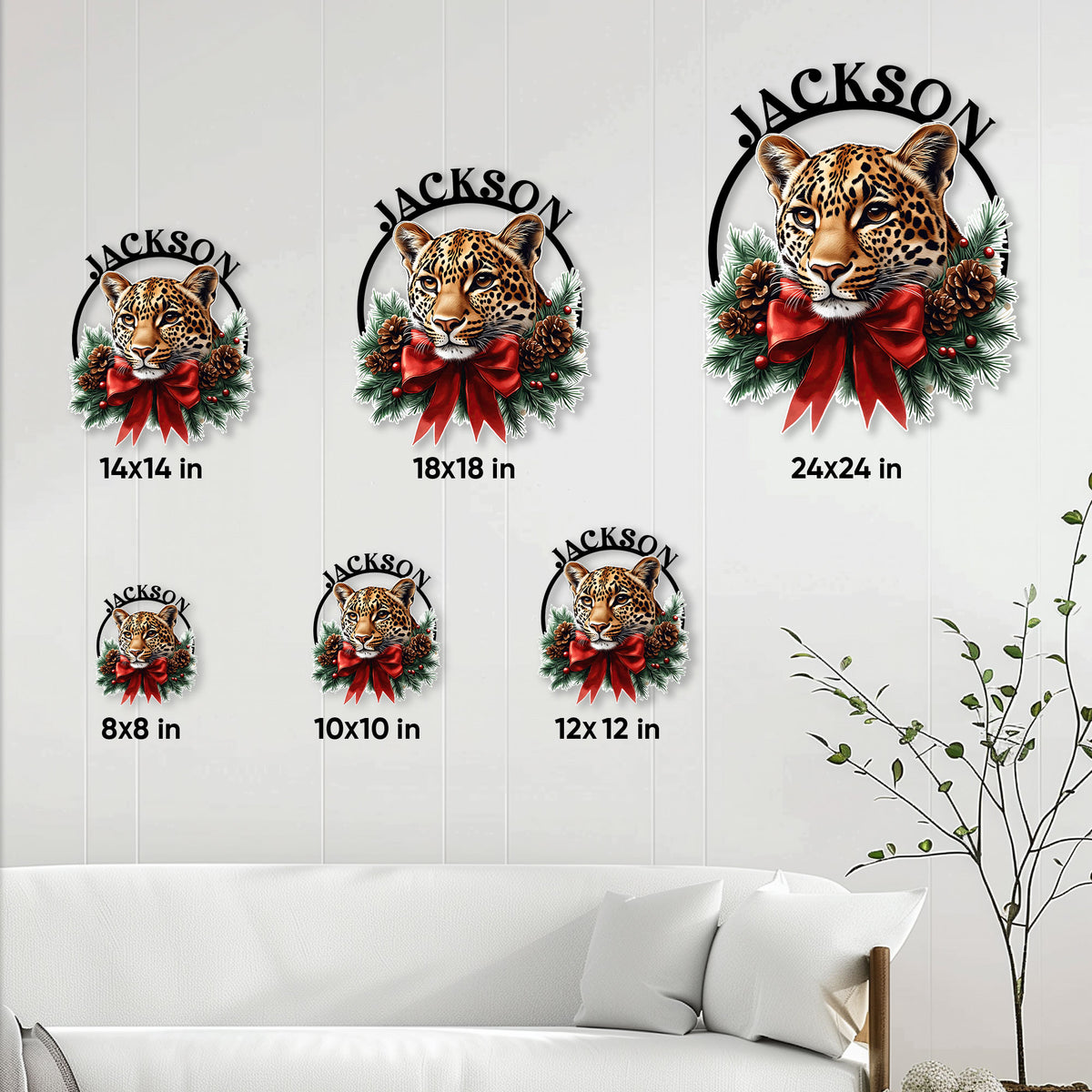 Leopard metal sign size guide showing available square sizes from 8 by 8 inches to 24 by 24 inches