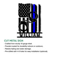 Police thin blue line metal sign shown with cut-metal construction and hanging design