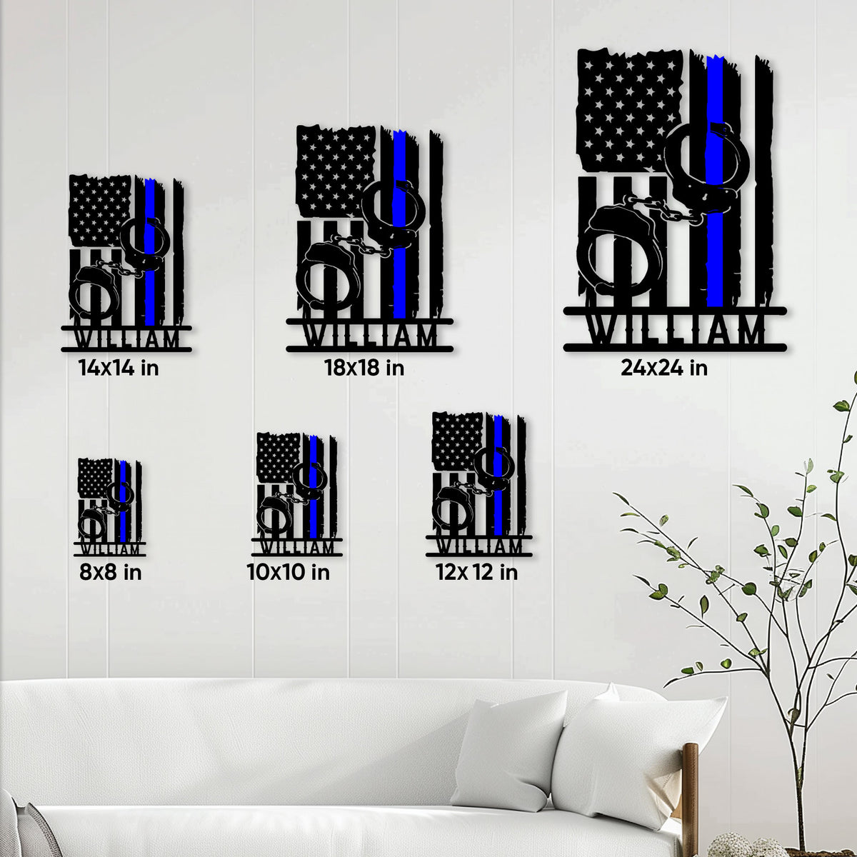 Police metal sign size guide showing available 8, 10, 12, 14, 18, and 24 inch options
