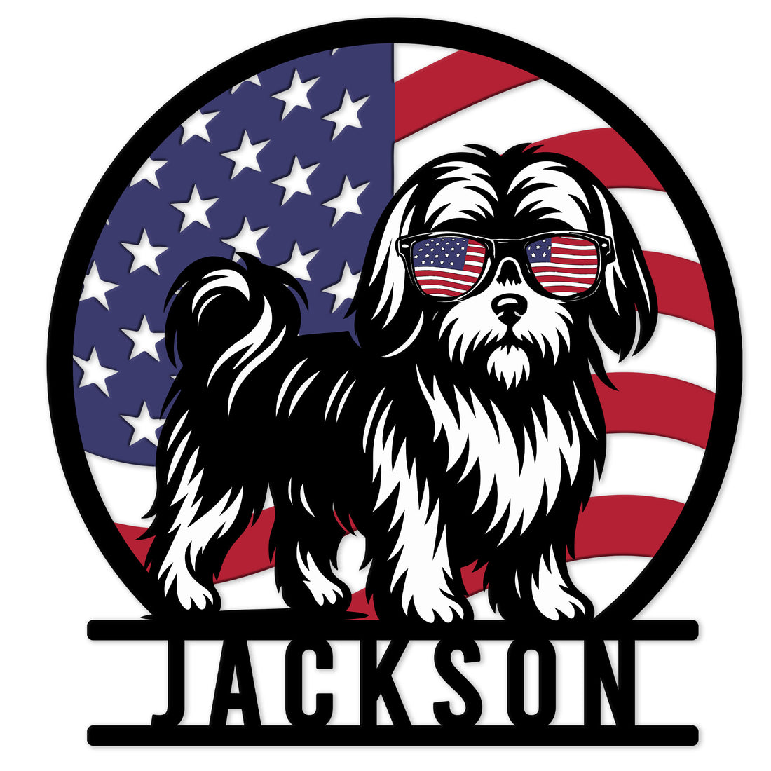 Patriotic Shih Tzu metal sign featuring a black and white dog wearing American flag sunglasses