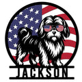 Patriotic Shih Tzu metal sign featuring a black and white dog wearing American flag sunglasses