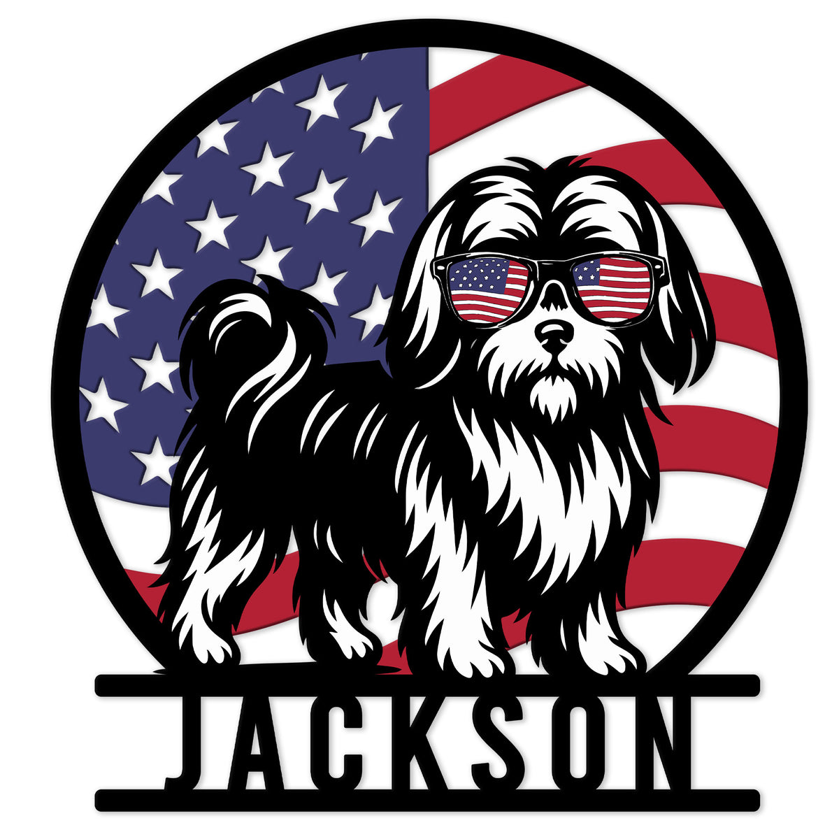 Patriotic Shih Tzu metal sign featuring a black and white dog wearing American flag sunglasses