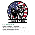 Shih Tzu cut metal sign shown with product feature details and patriotic dog artwork