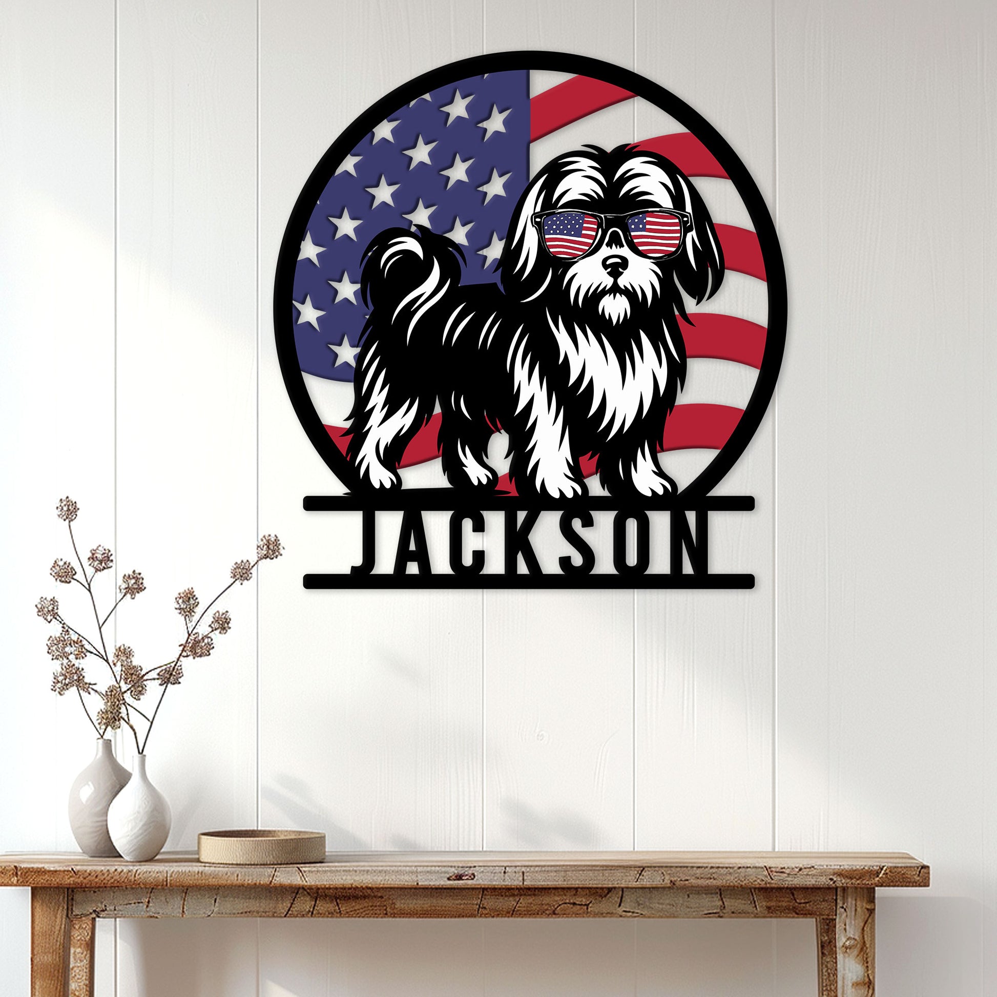 Patriotic Shih Tzu wall sign displayed above a console table in a bright home interior