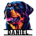 Vivid close-up portrait of a Rottweiler on a custom cut metal sign with bold horizontal accents