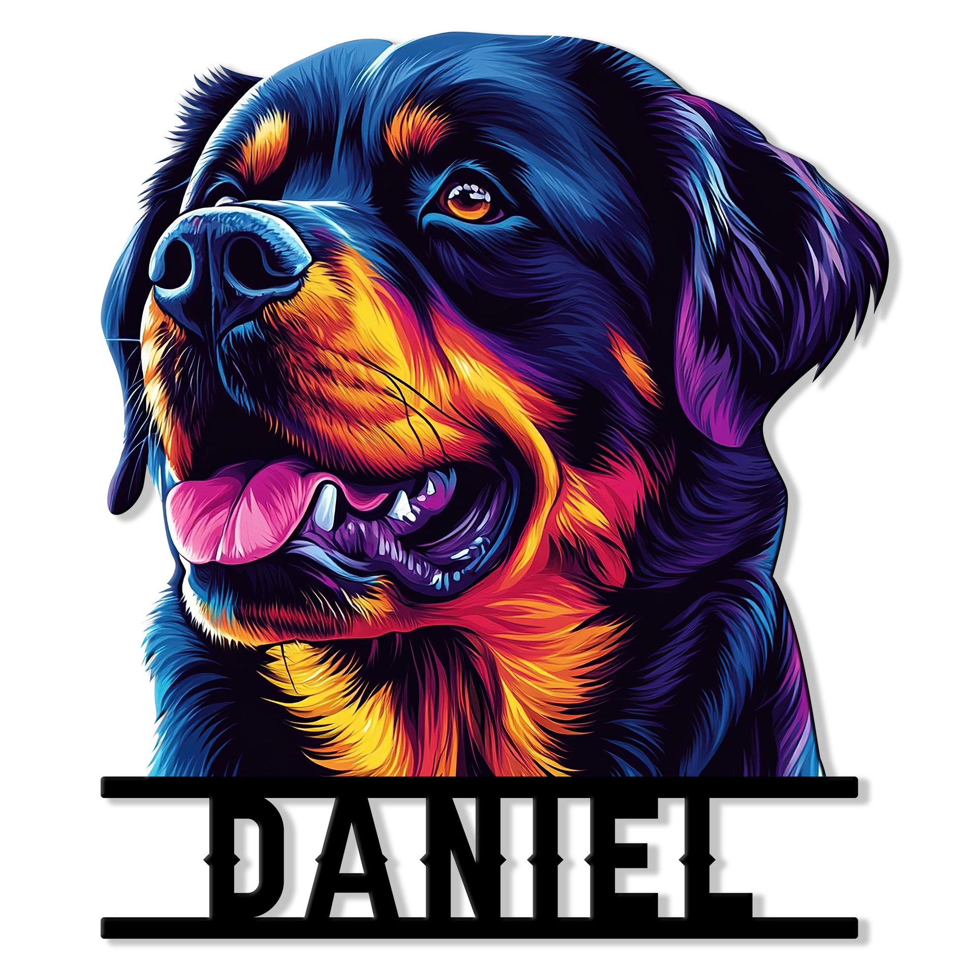 Vivid close-up portrait of a Rottweiler on a custom cut metal sign with bold horizontal accents