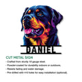 Rottweiler metal sign shown as a cut steel wall accent with a colorful portrait and bold lower design