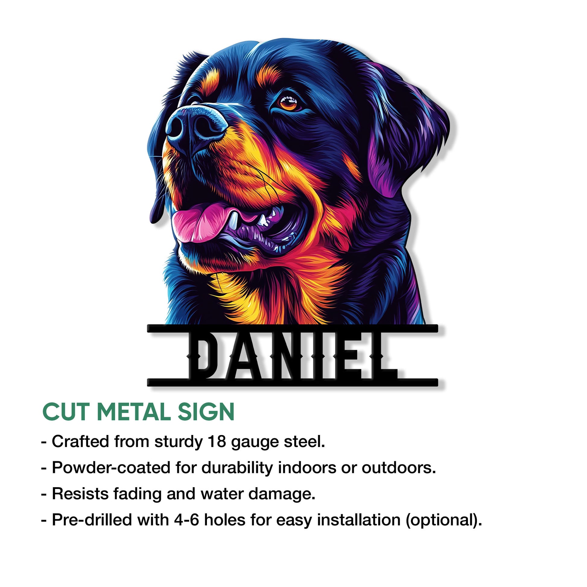 Rottweiler metal sign shown as a cut steel wall accent with a colorful portrait and bold lower design