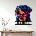 Colorful Rottweiler metal sign displayed on a light wood-paneled wall above a console table