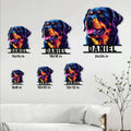 Rottweiler metal sign size guide showing six square size options in a bright living room setting