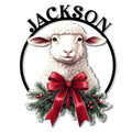 Christmas sheep metal sign featuring a fluffy sheep, red bow, evergreen branches, and berry accents