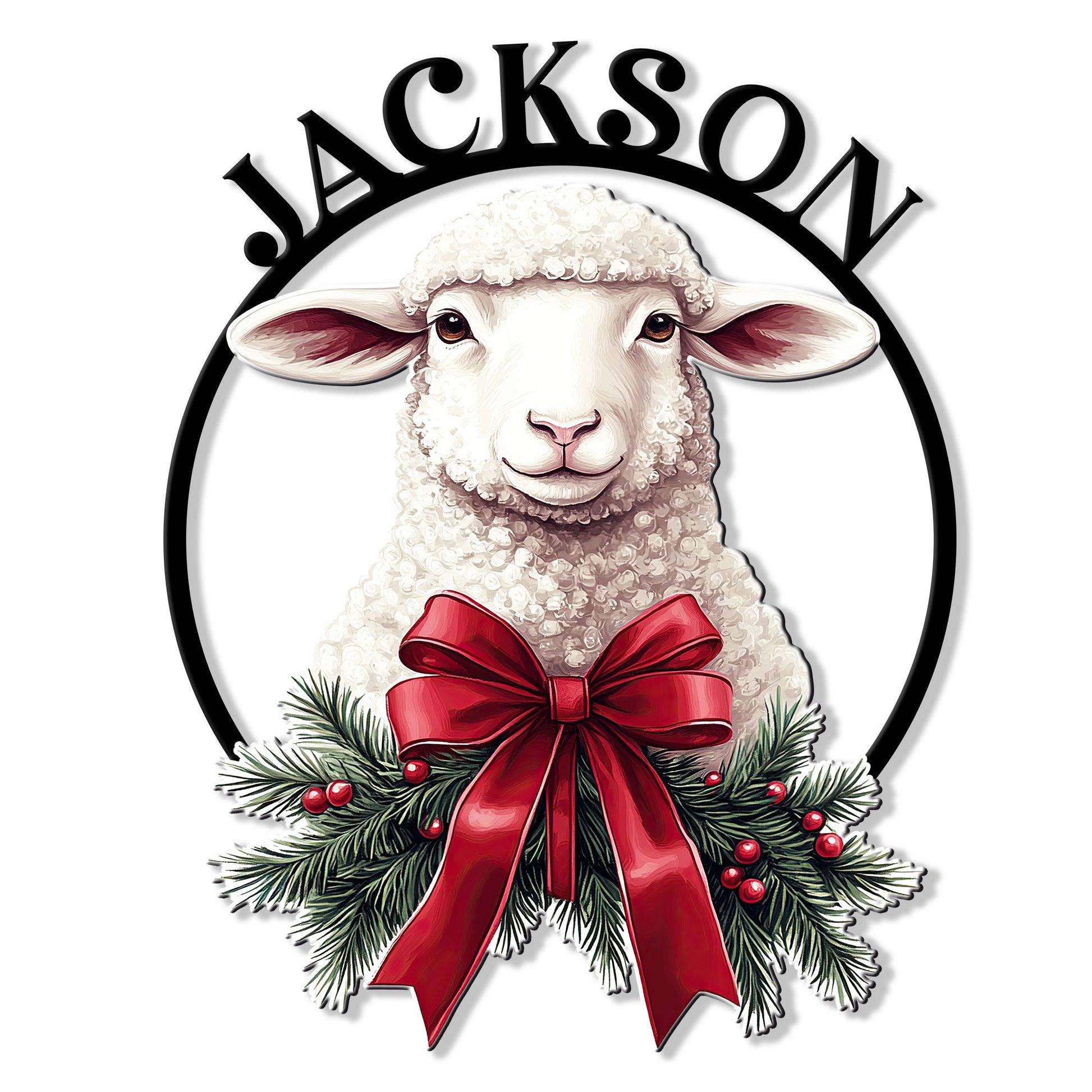 Christmas sheep metal sign featuring a fluffy sheep, red bow, evergreen branches, and berry accents