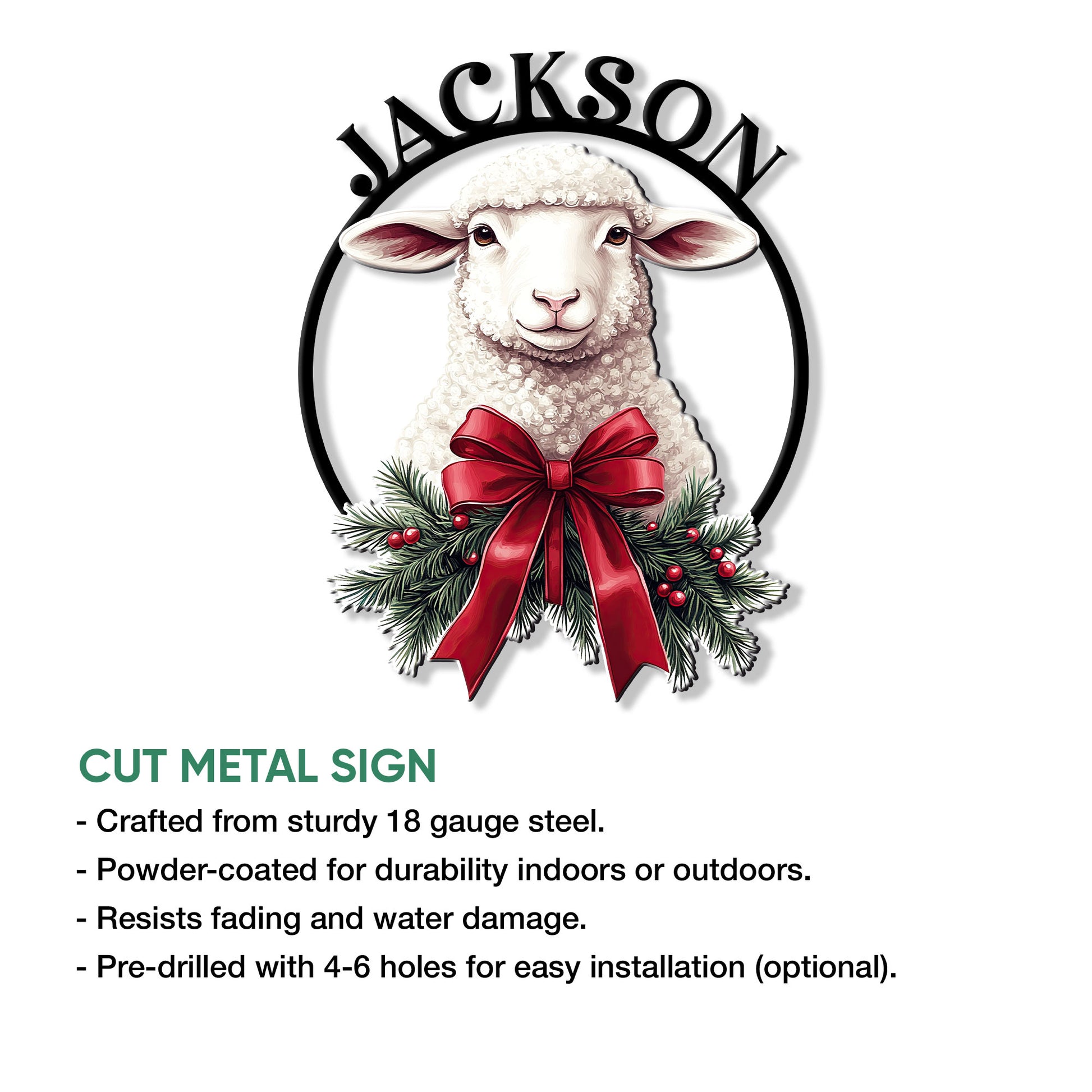 Cut metal sheep sign artwork with a festive bow and evergreen wreath-style holiday accents