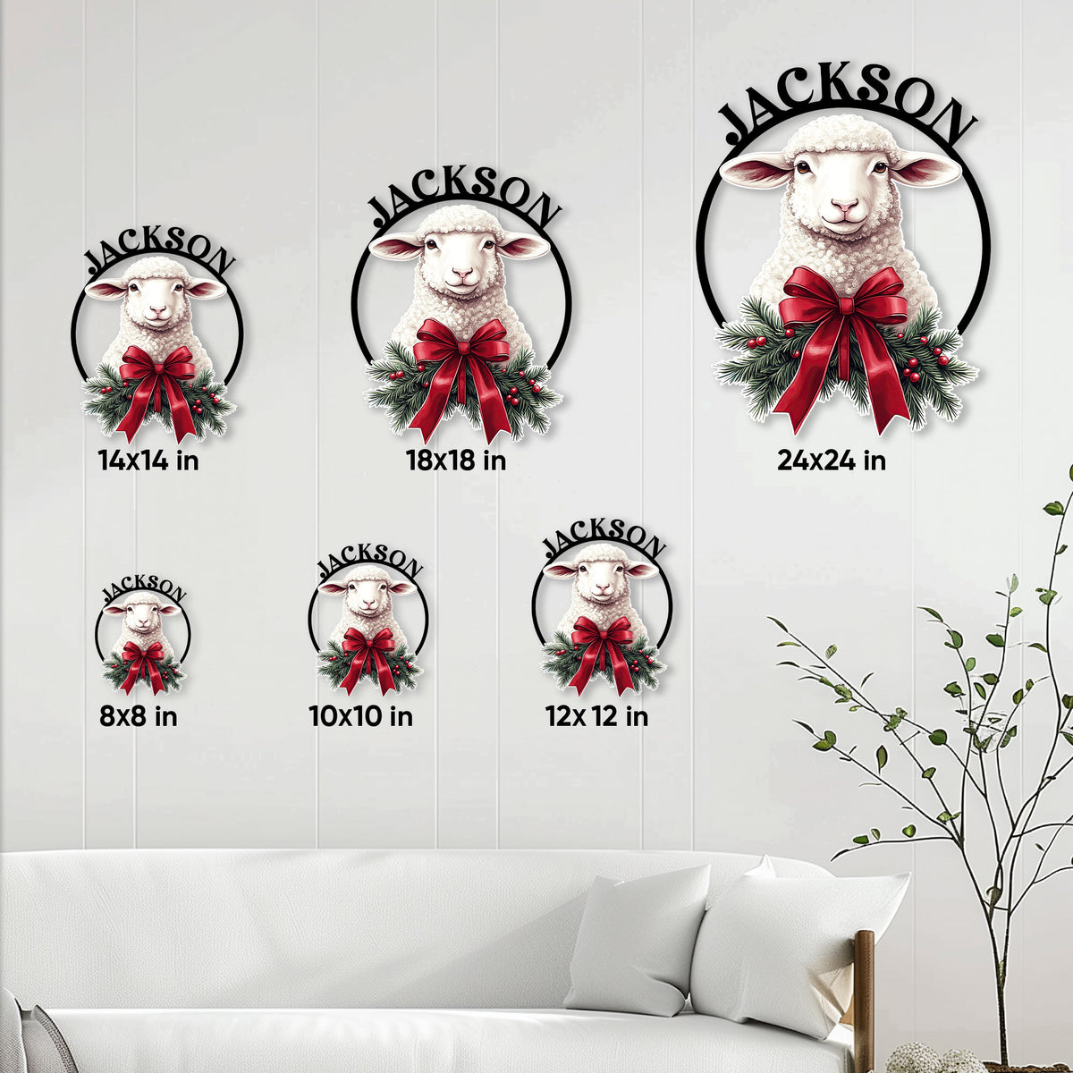 Sheep metal sign size guide showing festive artwork in six square size options from 8x8 to 24x24 inches