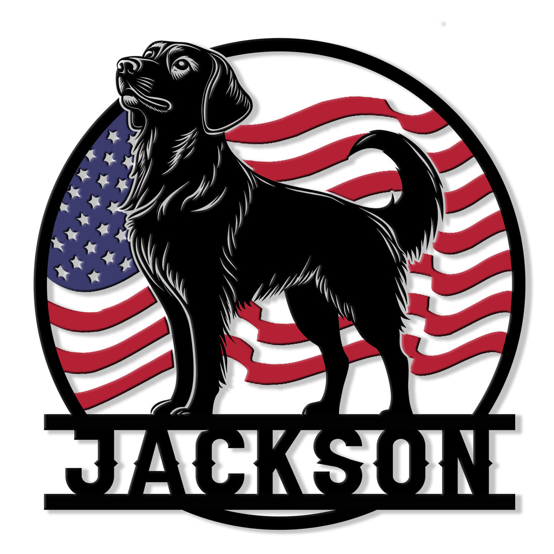 Patriotic Golden Retriever metal sign featuring a black dog silhouette over a waving American flag