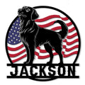 Patriotic Golden Retriever metal sign featuring a black dog silhouette over a waving American flag