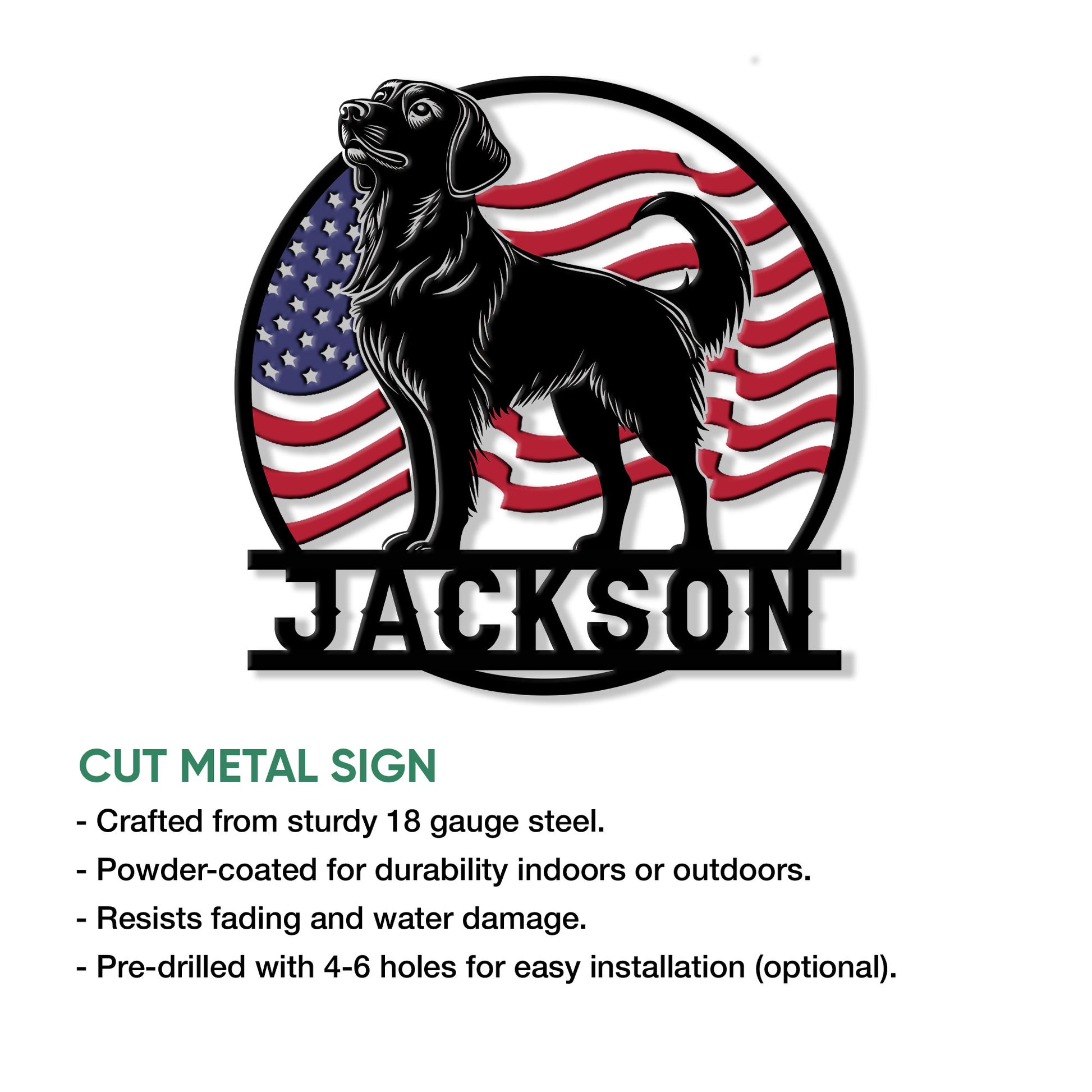 Golden Retriever patriotic cut metal sign shown in a product feature graphic for indoor or outdoor display