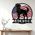Patriotic Golden Retriever metal wall sign displayed on a light wood-paneled wall above a console table