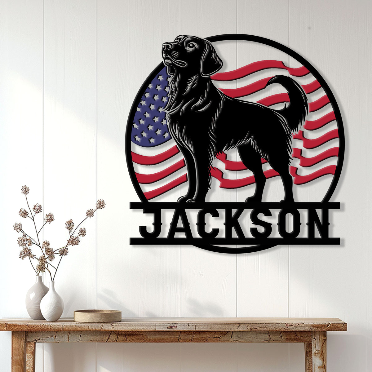 Patriotic Golden Retriever metal wall sign displayed on a light wood-paneled wall above a console table