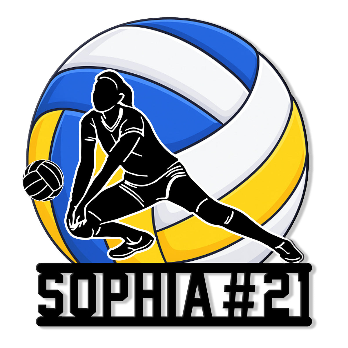 Custom volleyball metal sign featuring a diving player silhouette and bold blue, yellow, and white volleyball artwork