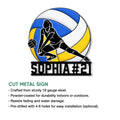 Volleyball player metal sign shown in a cut-metal product feature presentation