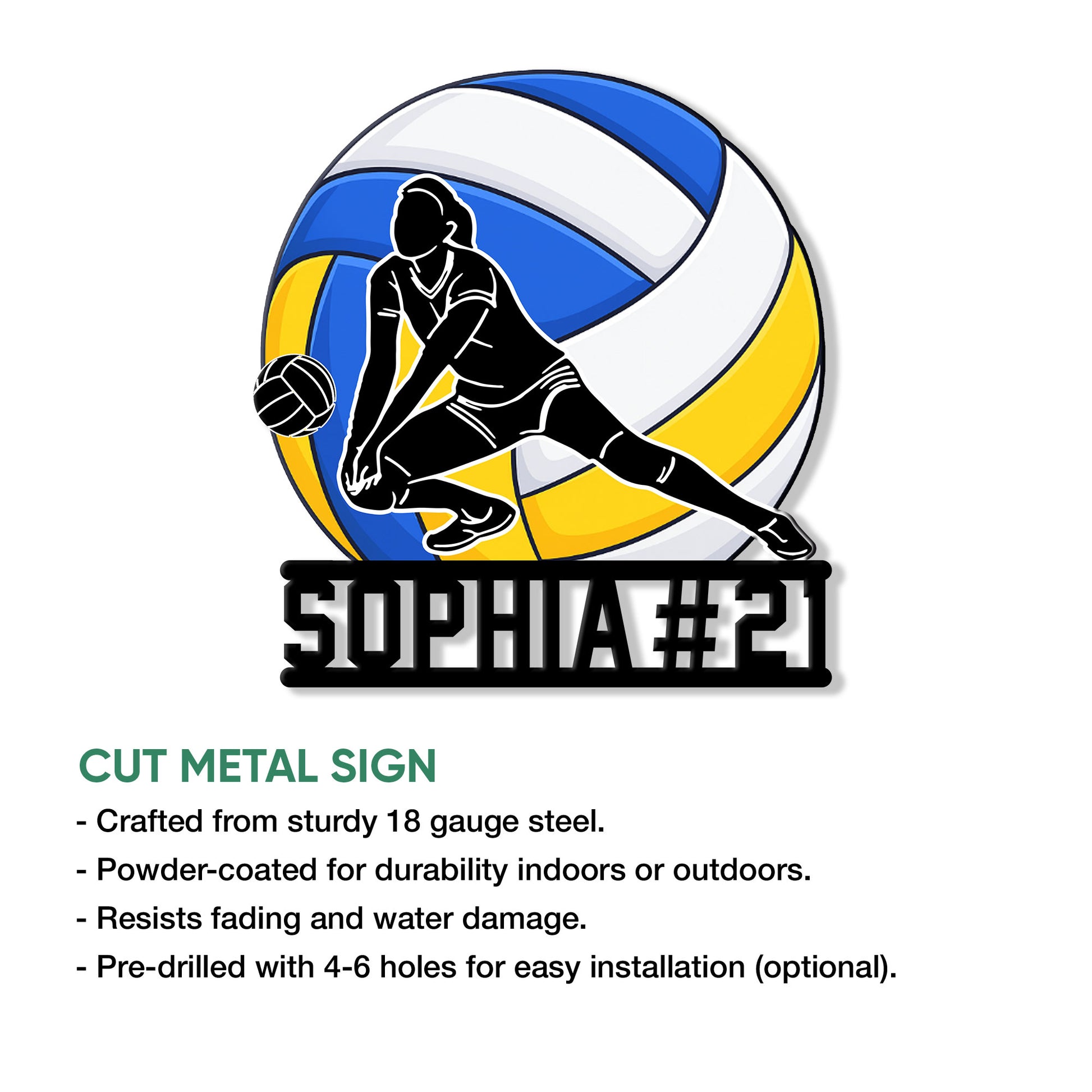 Volleyball player metal sign shown in a cut-metal product feature presentation
