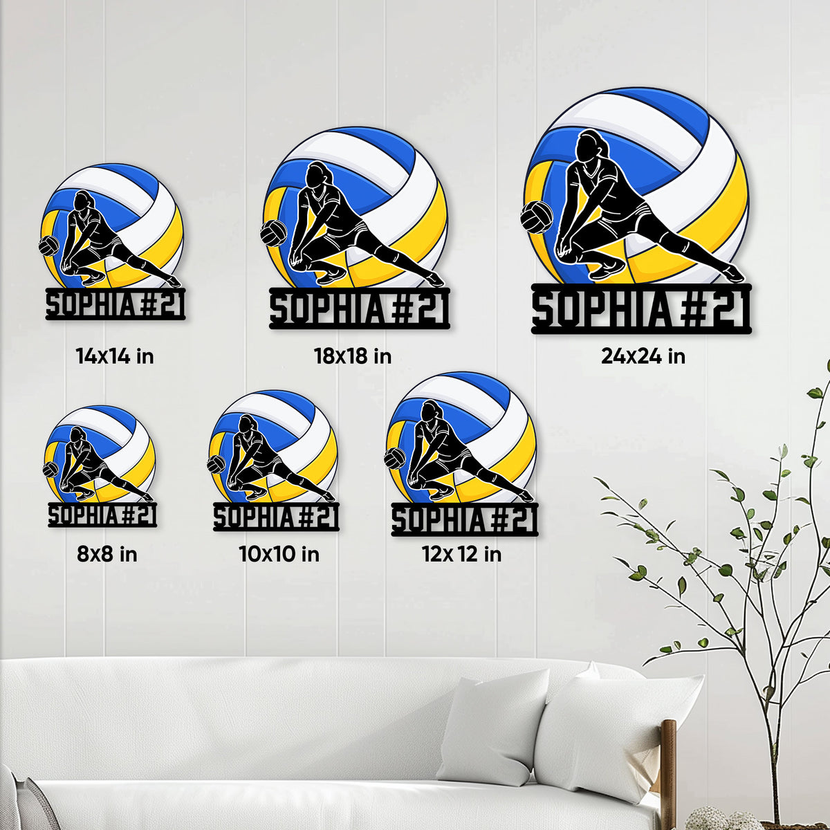 Volleyball metal sign size guide showing six available square sizes from 8 by 8 to 24 by 24 inches