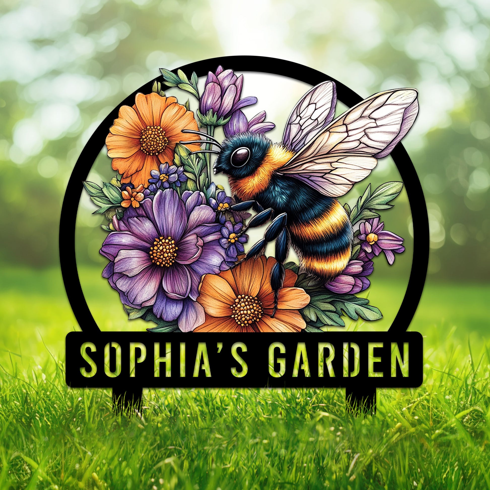 Floral bumblebee garden metal sign with colorful flowers and a decorative yard stake