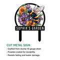 Bee garden metal sign feature graphic showing a floral bumblebee design on a freestanding cut sign