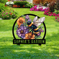 Bumblebee and flower garden sign displayed in a colorful landscaped yard