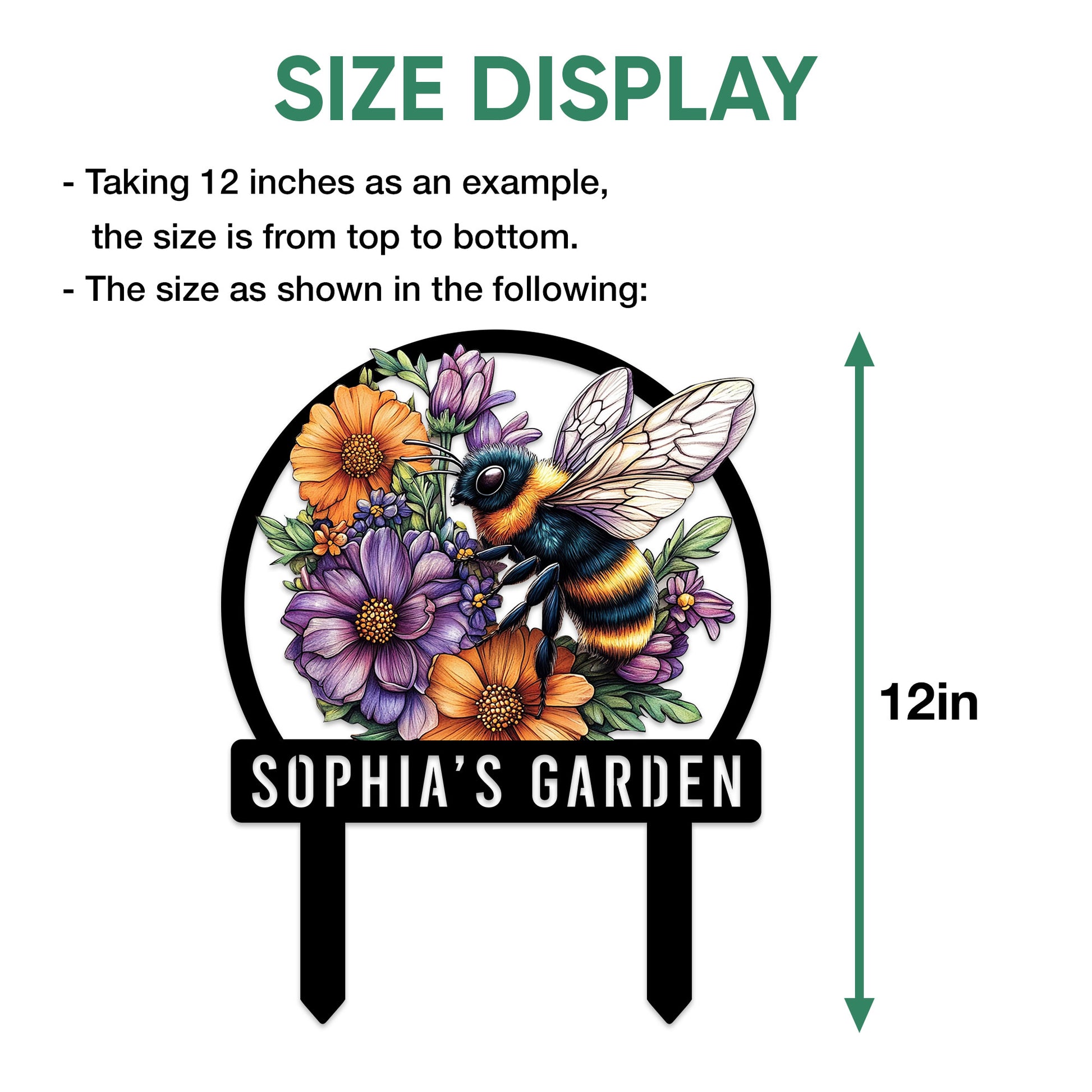 Bee garden metal sign size guide showing the overall height measurement from top to bottom