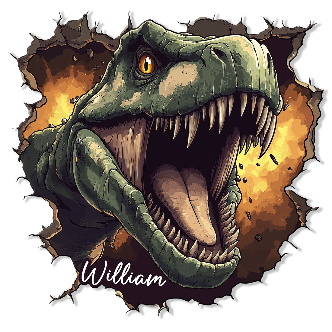 Fierce roaring T. rex dinosaur metal sign with a dramatic torn-wall effect and fiery orange background