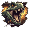 Fierce roaring T. rex dinosaur metal sign with a dramatic torn-wall effect and fiery orange background