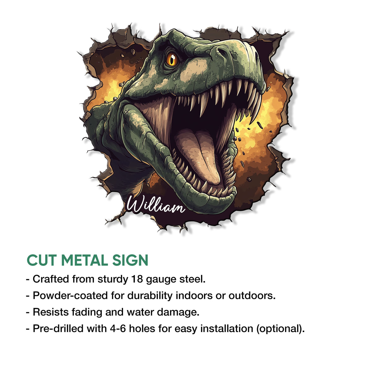 T. rex dinosaur cut metal sign feature graphic showing the artwork and available display size options
