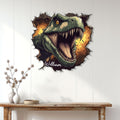 Roaring green T. rex metal wall sign displayed on a bright paneled wall above a console table