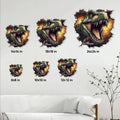 T. rex dinosaur metal sign size guide showing multiple square display sizes in a living room setting