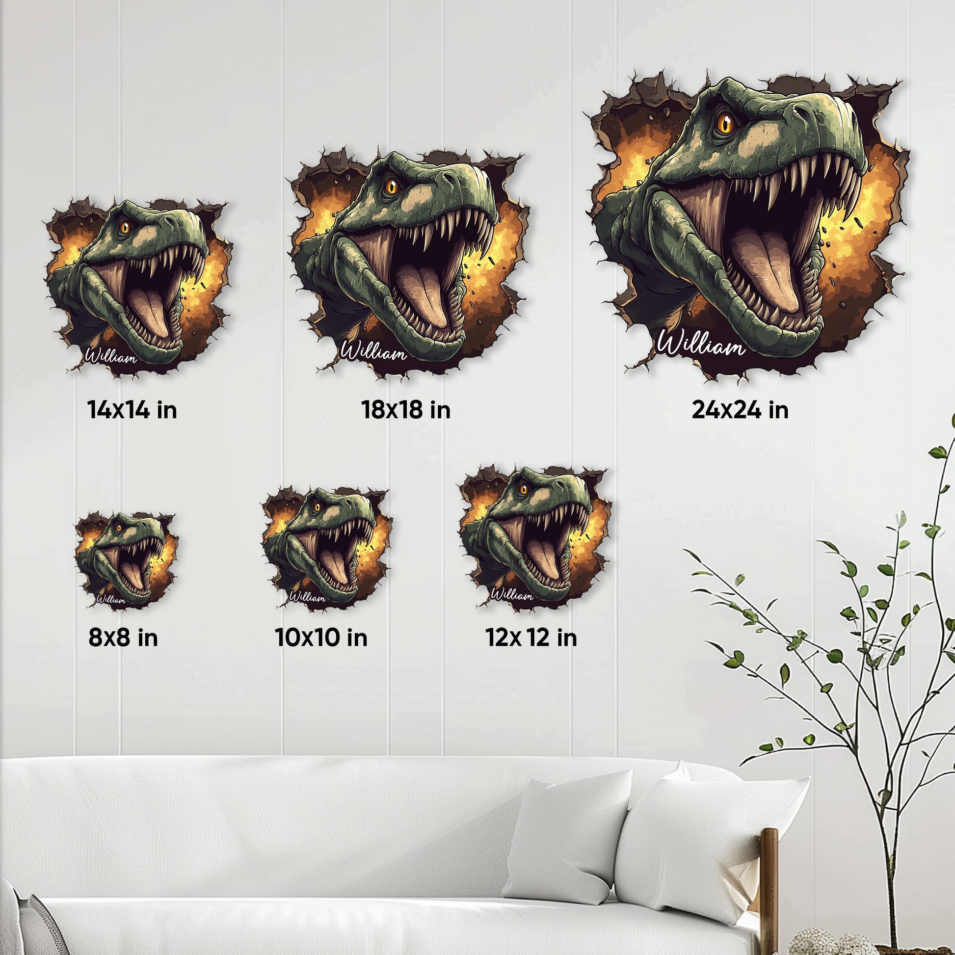 T. rex dinosaur metal sign size guide showing multiple square display sizes in a living room setting