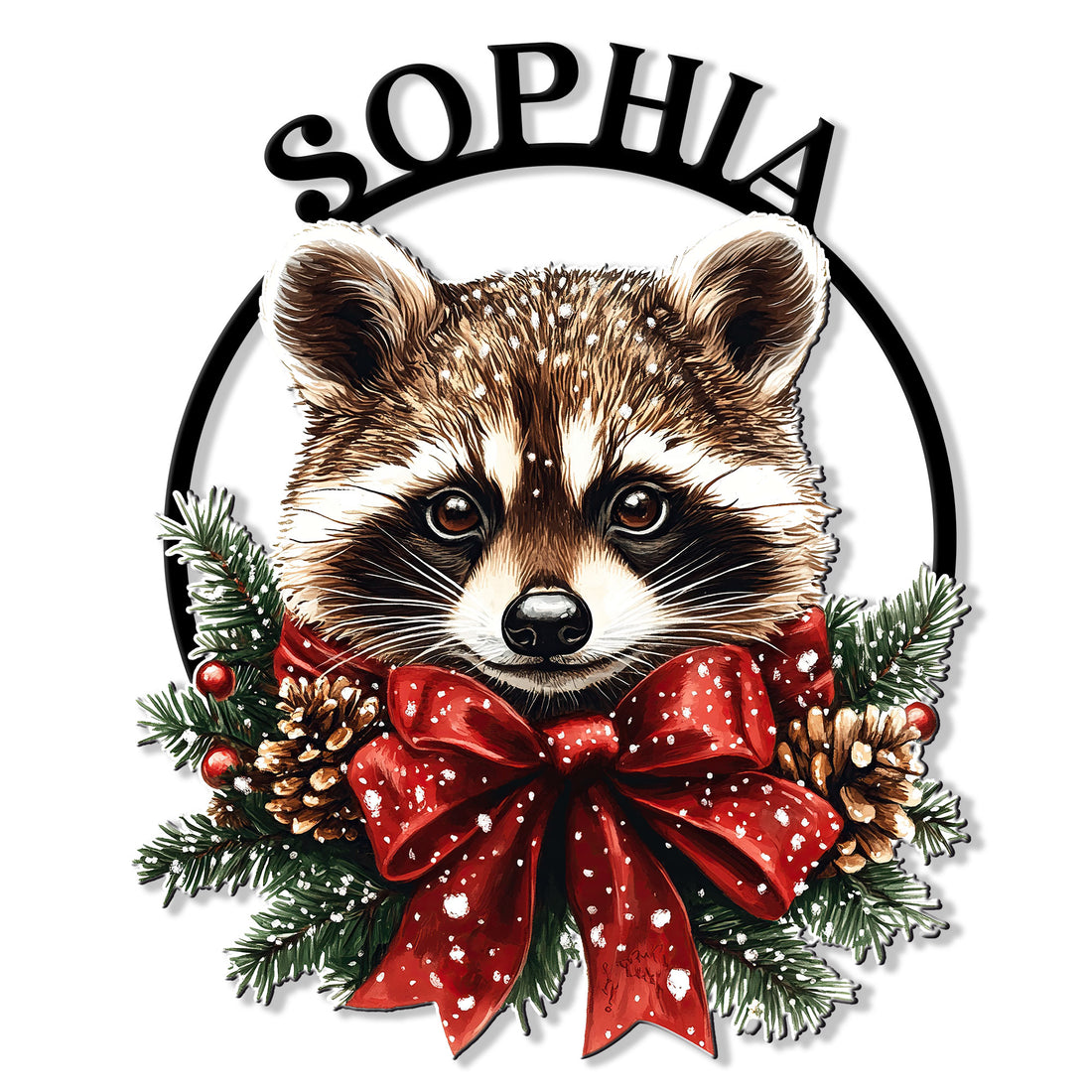 Christmas raccoon metal sign featuring a realistic raccoon portrait framed by evergreen branches and a red winter bow