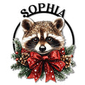 Christmas raccoon metal sign featuring a realistic raccoon portrait framed by evergreen branches and a red winter bow