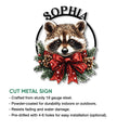 Raccoon cut metal sign shown with an infographic highlighting indoor or outdoor display and optional pre-drilled holes