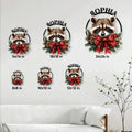 Raccoon Christmas metal sign size guide showing available square sizes from 8x8 inches to 24x24 inches