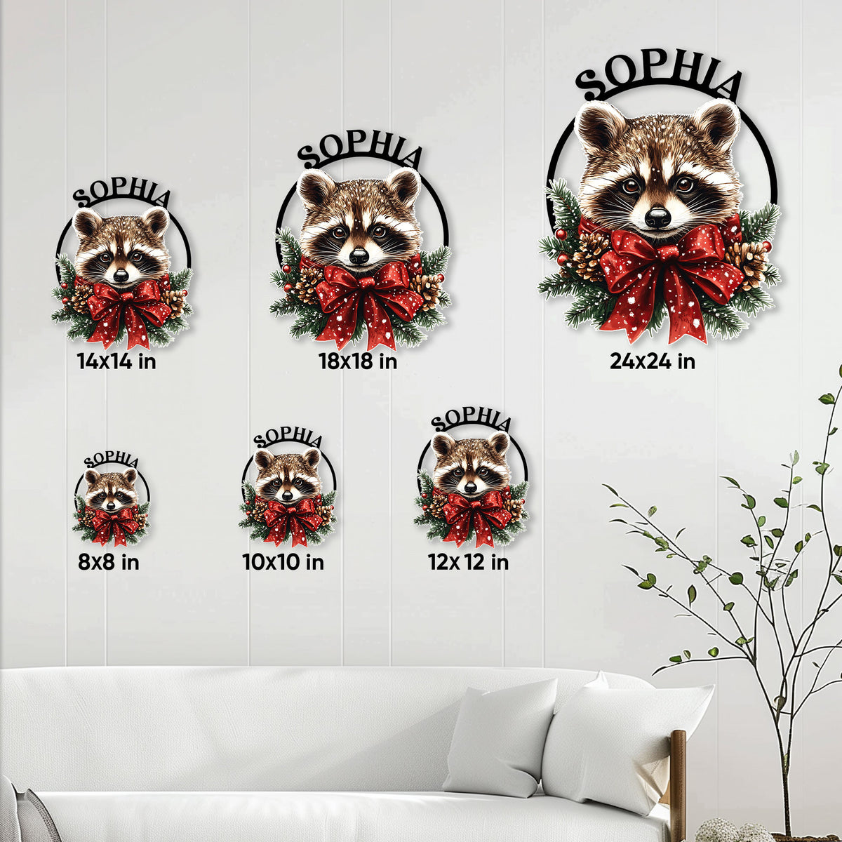 Raccoon Christmas metal sign size guide showing available square sizes from 8x8 inches to 24x24 inches