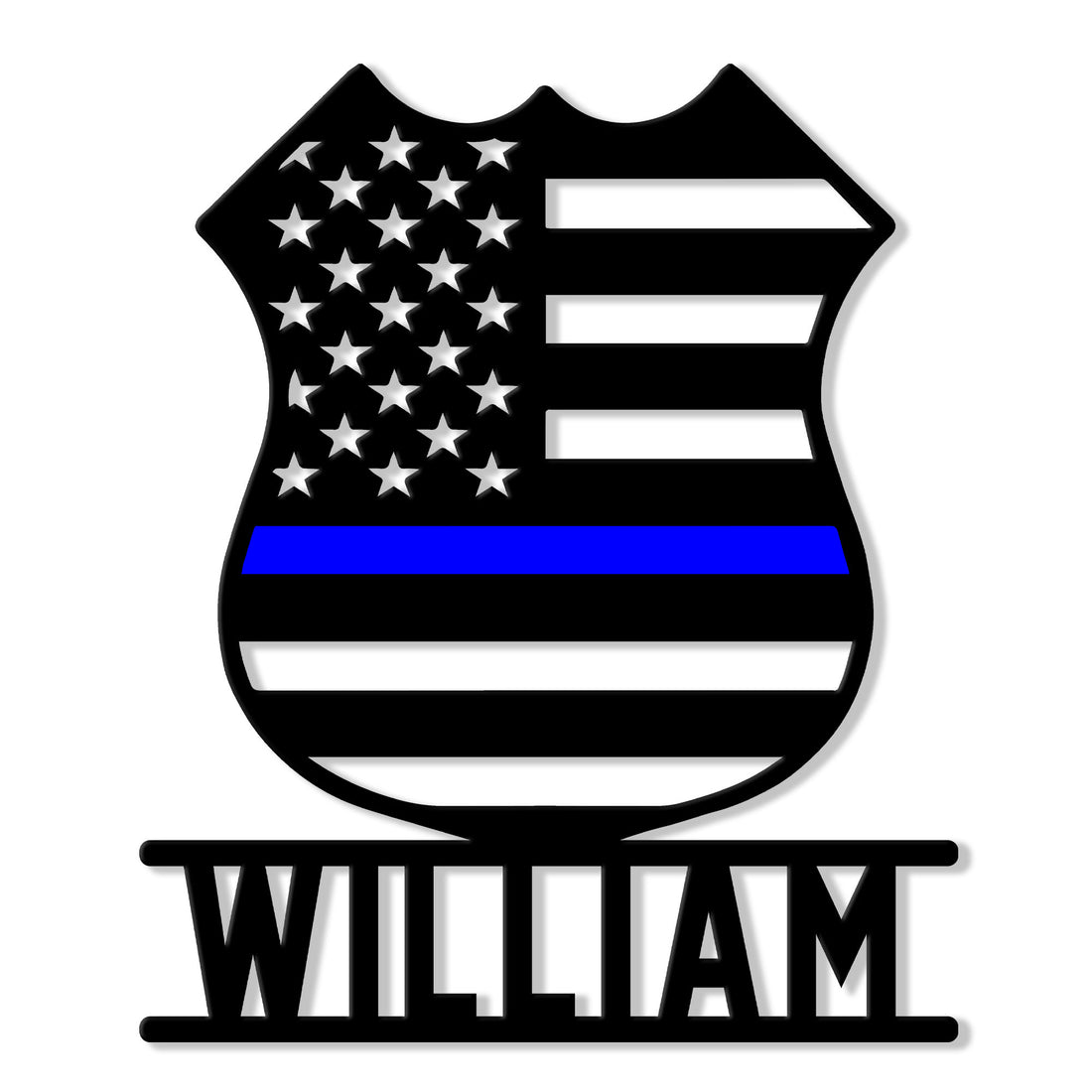 Black police badge metal sign featuring an American flag design with a blue line and bold lower nameplate