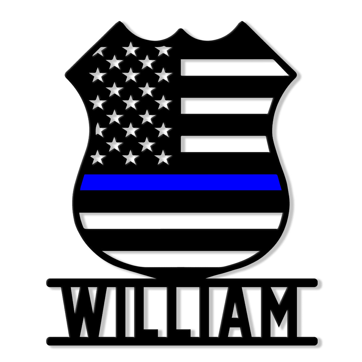 Black police badge metal sign featuring an American flag design with a blue line and bold lower nameplate