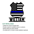 Police badge cut metal sign with an American flag design and blue line shown in a product feature graphic