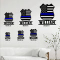 Police badge metal sign size guide showing six available square dimensions from 8 by 8 to 24 by 24 inches